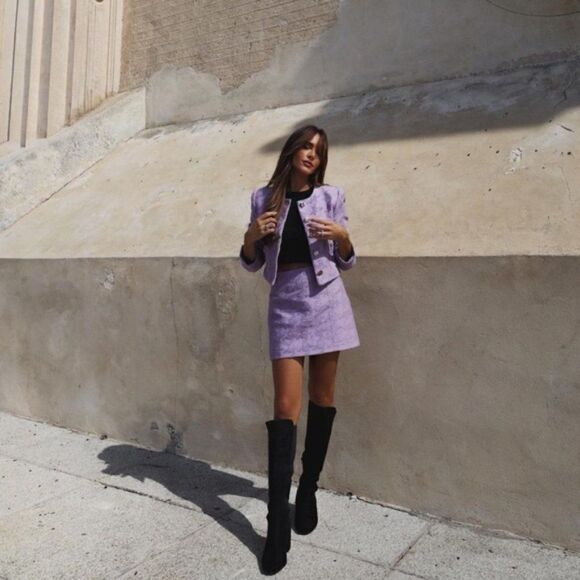 SET Mango Houndstooth Blazer Jacket Skirt Buttons Lilac New - Picture 3 of 11